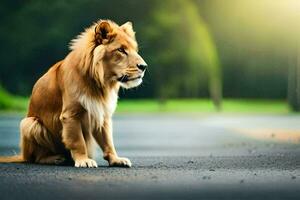 a lion sitting on the road in the middle of the day. AI-Generated photo