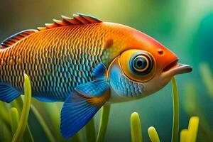 an orange fish with blue eyes is in the grass. AI-Generated photo