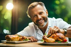a man is smiling while holding a chicken dinner. AI-Generated photo