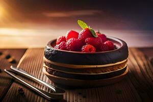 a bowl of raspberries on a wooden table. AI-Generated photo