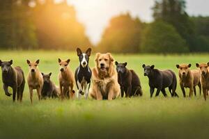 un grupo de perros y un perro corriendo en el césped. generado por ai foto