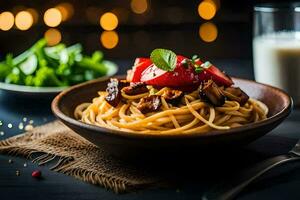 spaghetti with mushrooms and tomatoes in a bowl. AI-Generated photo