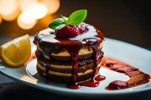 a stack of chocolate cake with strawberries and a lemon. AI-Generated photo