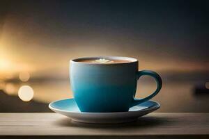 a cup of coffee on a wooden table with a sunset in the background. AI-Generated photo