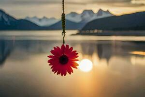 a red flower hanging from a rope over a lake. AI-Generated photo