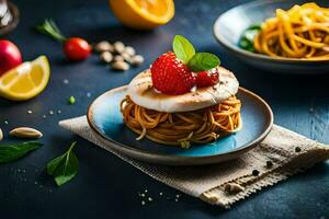 spaghetti with a strawberry and a lemon. AI-Generated photo