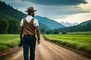 un hombre en un sombrero y chaleco caminando abajo un suciedad la carretera. generado por ai foto