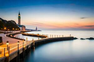 a long exposure photo of a pier and a clock tower. AI-Generated