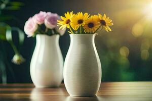 two vases with flowers on a table. AI-Generated photo