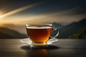 un taza de té en un mesa en el montañas. generado por ai foto
