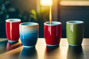 four colorful cups with a liquid being poured into them. AI-Generated photo