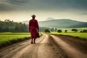 un monje camina abajo un suciedad la carretera en un campo. generado por ai foto