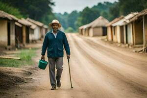 a man walking down a dirt road with a bucket and cane. AI-Generated photo