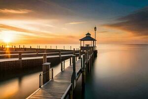 a pier with a lighthouse at sunset. AI-Generated photo