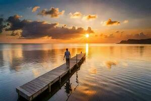 a man standing on a dock at sunset. AI-Generated photo