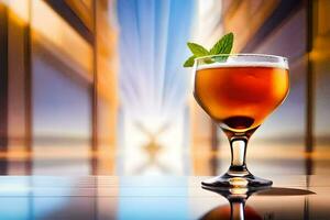 a glass of drink with a mint leaf on top. AI-Generated photo