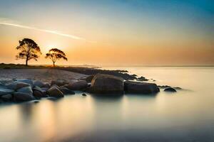a lone tree stands on the shore of a lake at sunset. AI-Generated photo