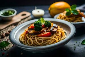 spaghetti with mushrooms and vegetables in a bowl. AI-Generated photo