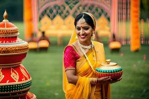 un mujer en tradicional indio atuendo participación un maceta. generado por ai foto