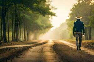 man walking on a road in the forest. AI-Generated photo