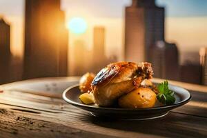 chicken and potatoes on a plate in front of the city skyline. AI-Generated photo