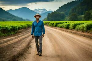 un hombre en un sombrero camina abajo un suciedad la carretera. generado por ai foto