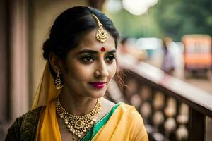 a beautiful indian bride in a yellow sari. AI-Generated photo