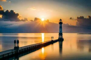 a lighthouse stands on the water at sunset. AI-Generated photo