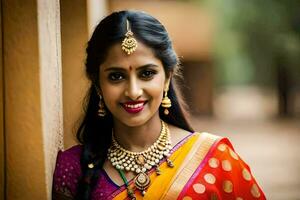 un hermosa indio mujer en un vistoso sari. generado por ai foto