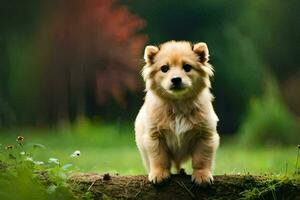 a puppy is standing on top of a log. AI-Generated photo