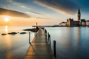 the sun rises over a pier in the middle of the ocean. AI-Generated photo