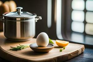 an egg on a cutting board next to a pot. AI-Generated photo