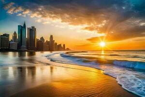 the sun rises over the city skyline. AI-Generated photo