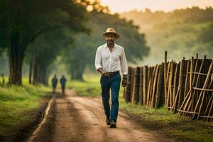 a man in a hat walks down a dirt road. AI-Generated photo