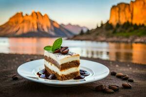 un rebanada de tarta de queso con café frijoles y un montaña en el antecedentes. generado por ai foto