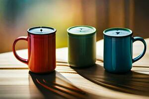 three colorful mugs sitting on a wooden table. AI-Generated photo