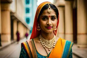 a beautiful indian woman wearing a traditional sari. AI-Generated photo