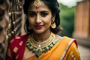 beautiful indian bride in traditional sari. AI-Generated photo