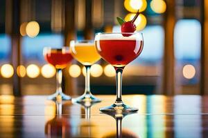 three different cocktails on a table with blurred background. AI-Generated photo