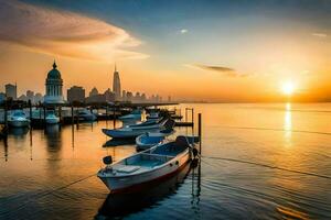 boats are docked in the water at sunset. AI-Generated photo