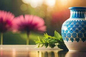 a blue and white vase with pink flowers on a table. AI-Generated photo