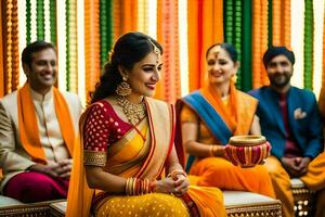 a bride and groom in traditional indian attire. AI-Generated photo