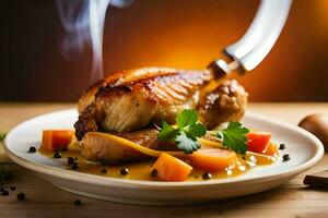 a plate with a chicken on top of it. AI-Generated photo