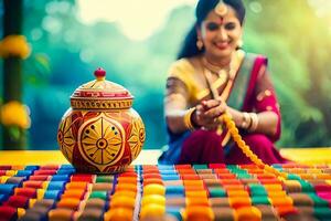 a woman in traditional indian attire sits on a table with colorful pots. AI-Generated photo