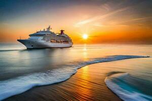 un crucero Embarcacion en el Oceano a puesta de sol. generado por ai foto