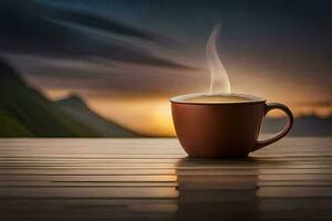 a cup of coffee on a wooden table with a sunset in the background. AI-Generated photo