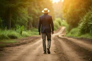 un hombre en un traje y sombrero caminando abajo un suciedad la carretera. generado por ai foto