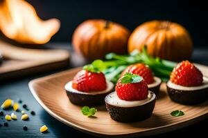 small chocolate desserts with strawberries on a plate. AI-Generated photo