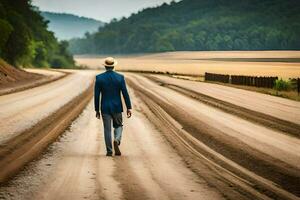a man in a suit and hat walks down a dirt road. AI-Generated photo