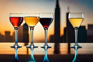 four glasses of wine on a table with a city skyline in the background. AI-Generated photo